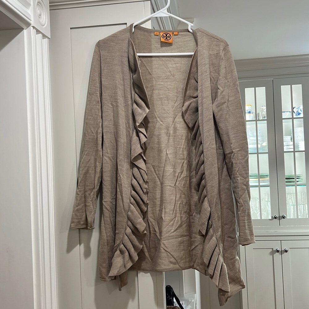 Tory Burch Cream Merino Wool Open Front Ruffle Sweater
